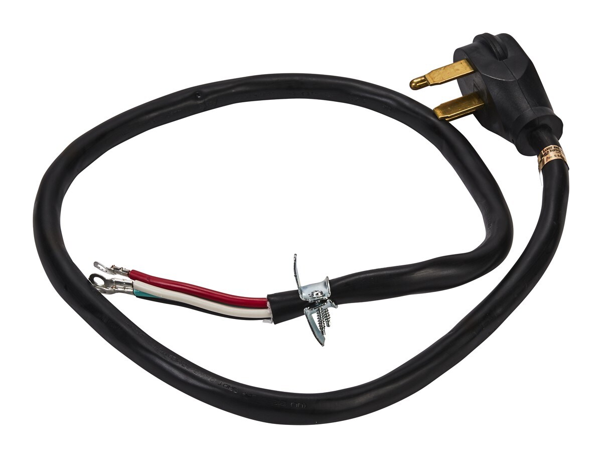 4' 4-Wire Range Power Cord, rated 40 A, with 4-wire, 4-ring terminal connectors, and right-angle 4-prong plug - Black
