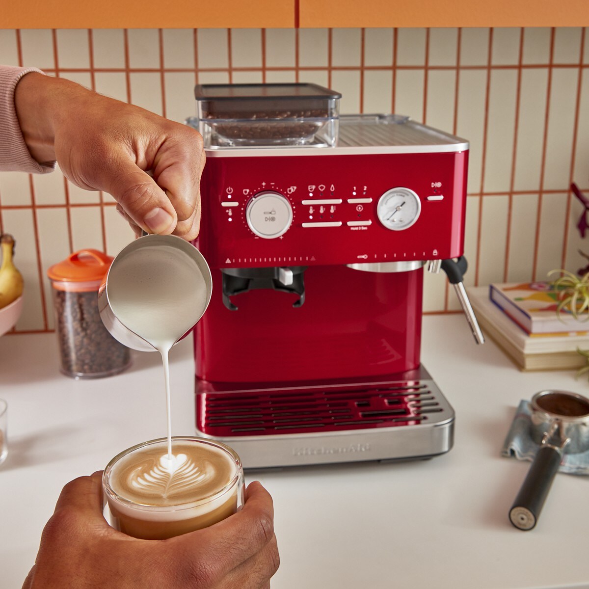 Semi Automatic Espresso Machine with Burr Grinder - Candy Apple Red - Image 6