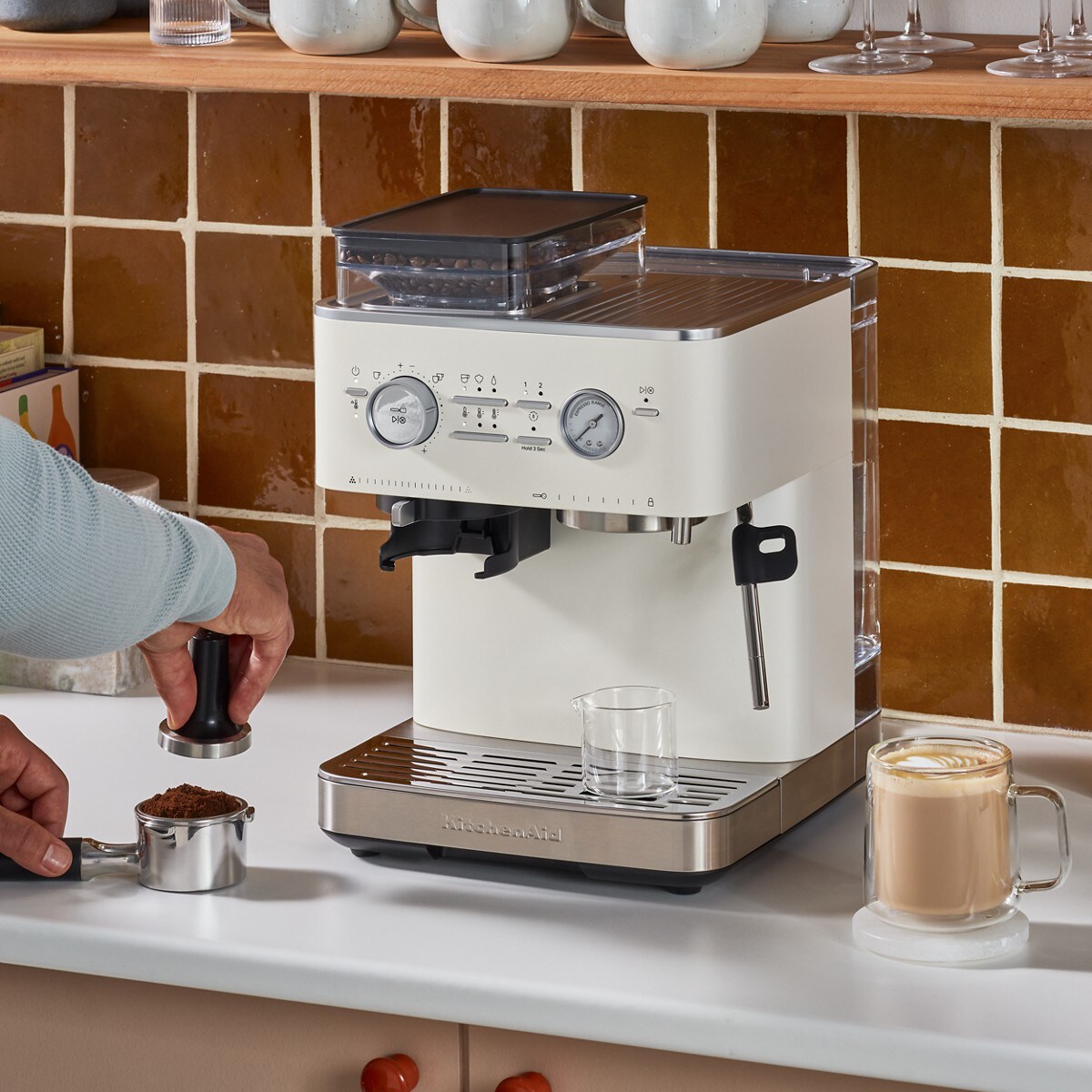Semi Automatic Espresso Machine with Burr Grinder - Porcelain White - Image 8