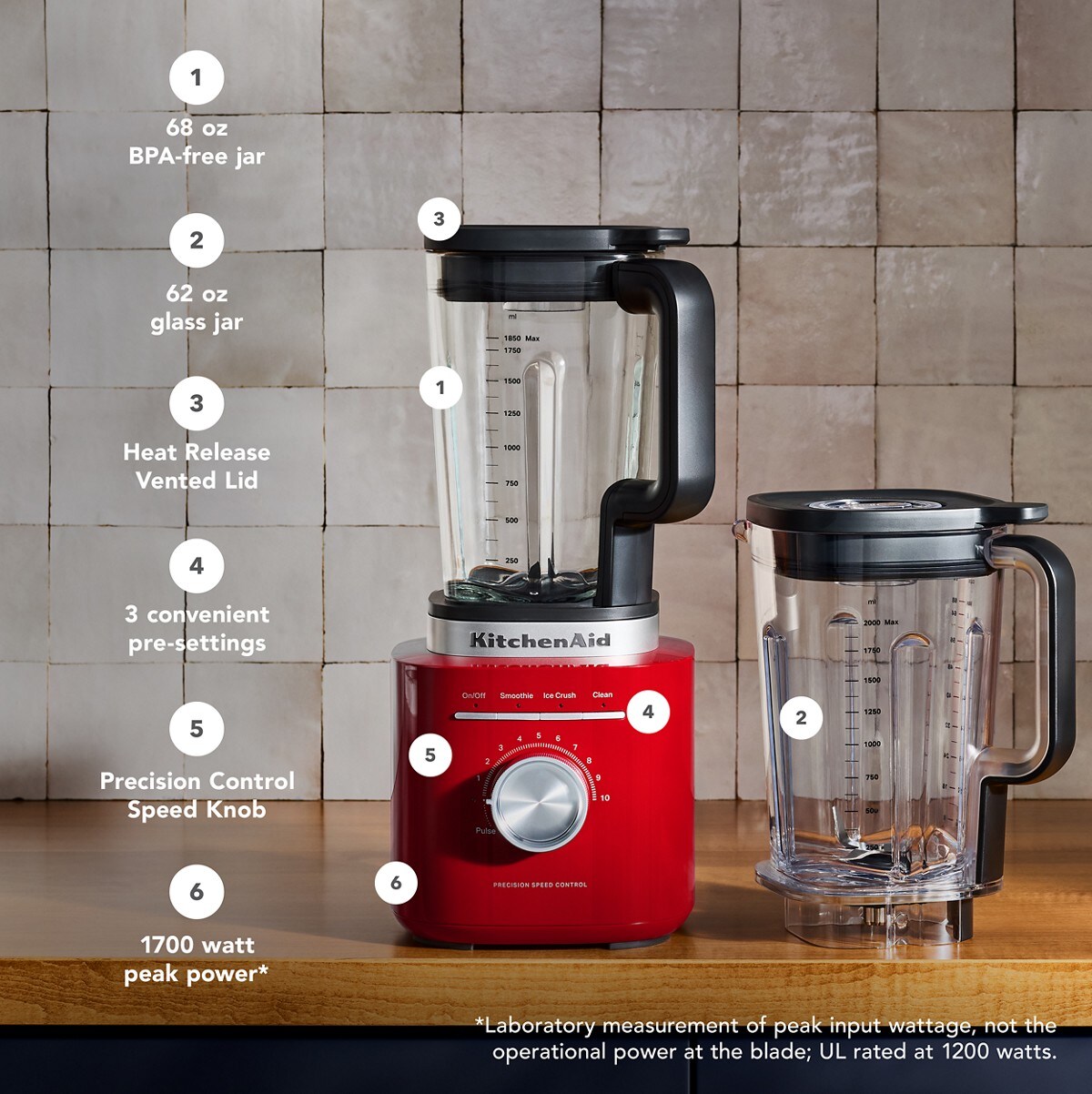 KitchenAid® Pure Power Blender with a 68oz plastic jar and a 62oz glass jar - Empire Red - Image 6