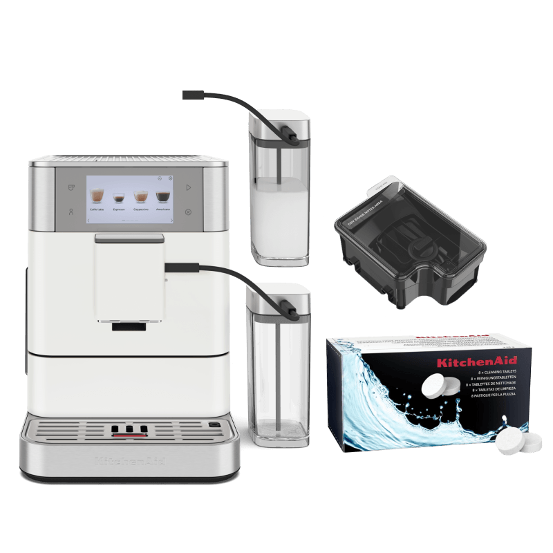 Coffee Set: Fully Auto Espresso KF8 + Cleaning Tablets + 9.5 Oz. Removable Bean Hopper + 26.7 Oz. Milk Container - Porcelain White